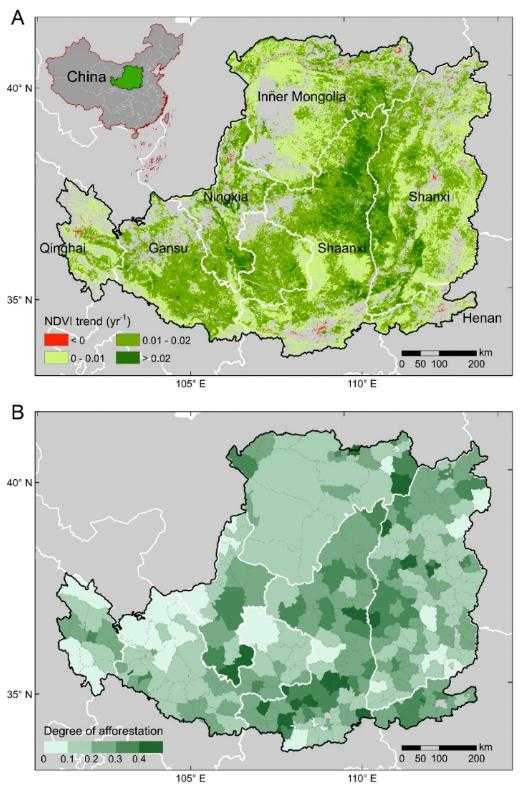 黄土高原MODIS NDVI变化趋势与累计造林力度